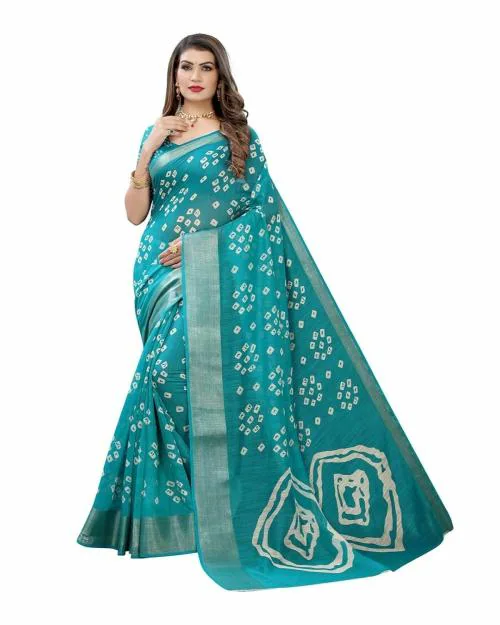Saadhvi Women's Sky Blue Cotton Silk Bandhani Printed Saree With Blouse(FL-BHUTRA014_JD, Free Size)