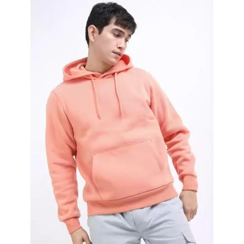Glito Men Full Sleeve Peach Solid Hooded Sweatshirt
