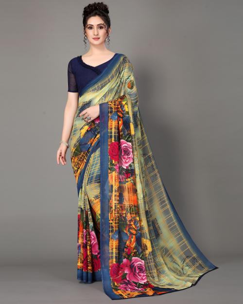 Ruchika Fashion Green Blue Georgette Floral Print Saree With Blouse Material