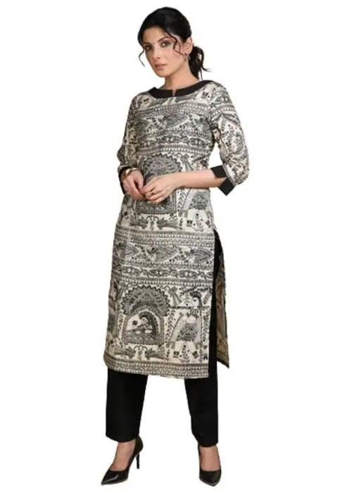 Narga cotton Designer madhubani Print kurti For Woman & Girls (Black _ Small)
