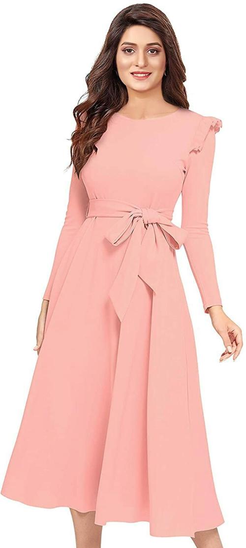 Buy Prajval Women Pink Solid Polyester Empire Waist Dress (Xl) Online