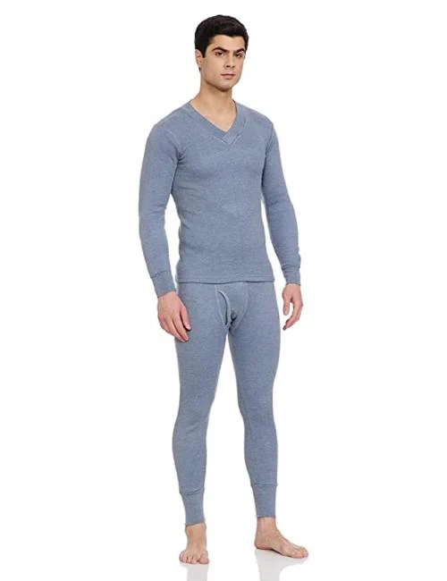 Thermocot Thermocot Men Blue Solid Cotton Blend Thermal Sets