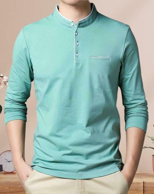 Priyanshu Clothing Men's Henley Neck Full Sleeves Solid Pastel Green T-Shirt