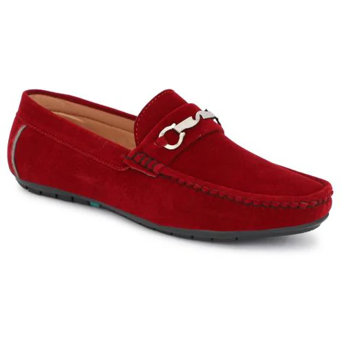 LEE GREEM Men's Red Velvet Slip On Office Shoe Loafers
