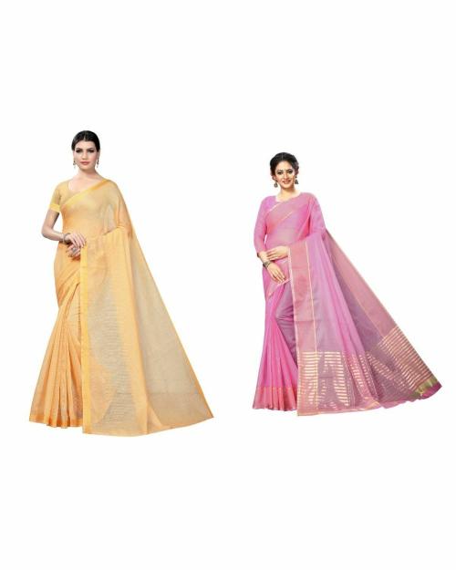 VKARAN Women's Mustard & Chickoo Colour Cotton Silk Saree With Blouse pack of 2