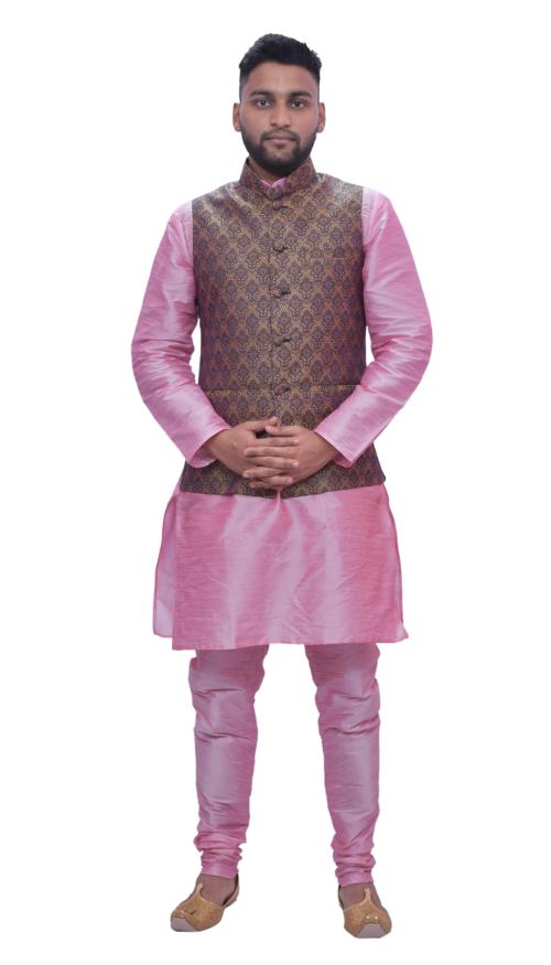 MAG Men's Pink Matching Kurta Churidhar with Misty Rose Waistcoat