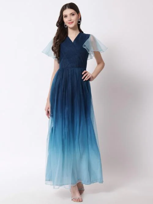 Vaani Creation Women Blue Net A-line Gown Dress - XL