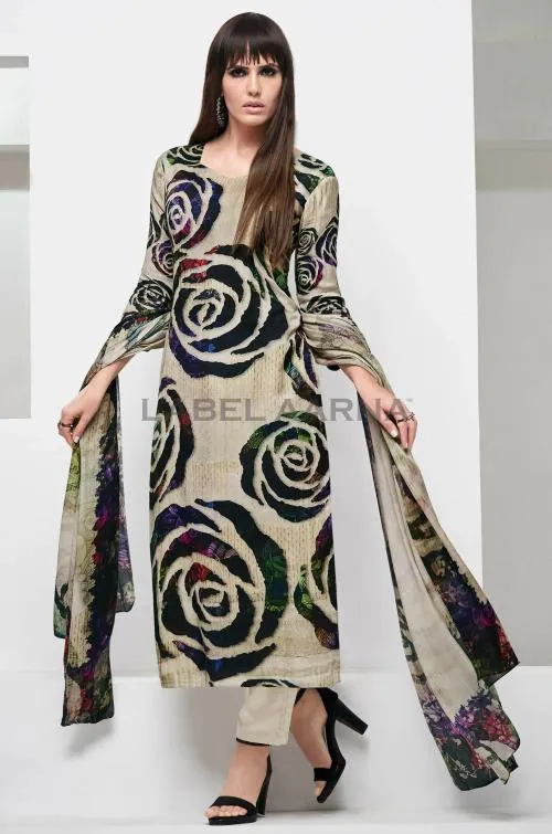 Label Aarna Cream Black Rose Print Cotton Slub Premium Salwar Suit with Digital Print [Unstitched]