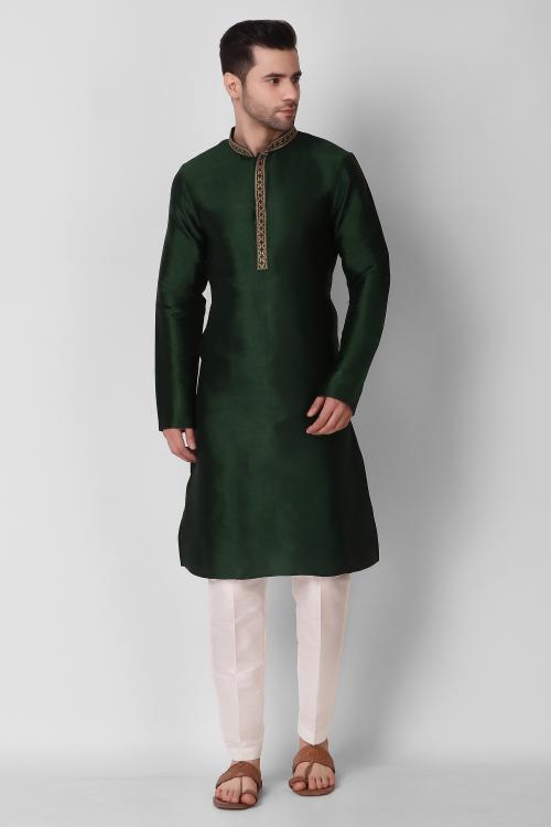 Koshin Dark Green Color Art Silk Neck Embroidered Kurta Pyjama For Festive & Wedding