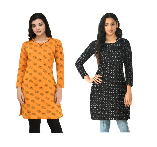 KAYU Women Fleece Warm Printed Kurtis for Winters {Pack of 2} Multicolor