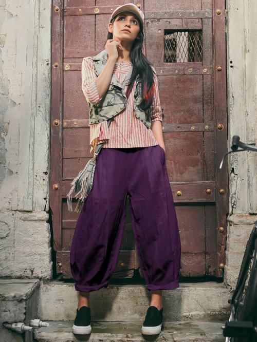 MESMORA Fashion Destination Purple Dhoti Pants And Pink Strip Top Set