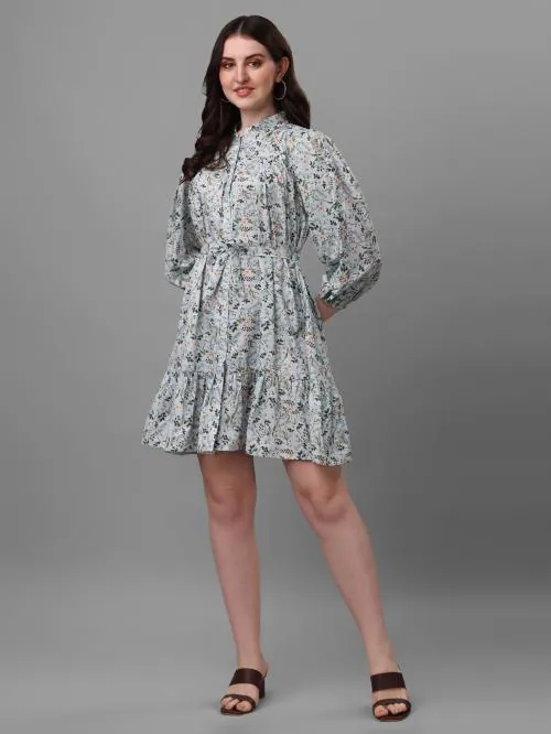 Masakali.Co Women Light Green Floral Print Polyester Skater Dress (M)