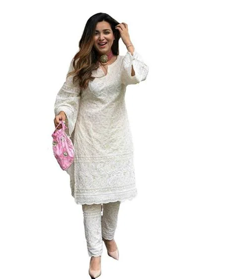 Femeone Women White Cotton Kurti and Pant Set - 2XL