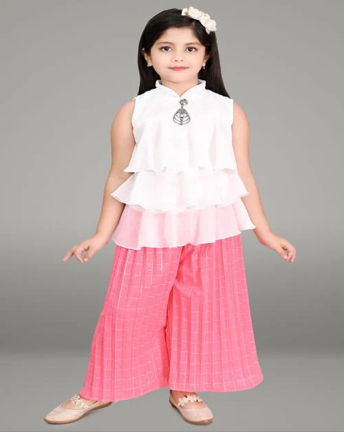 NEW TUSI DRESSES Chiffon Printed Sleeveless Top & Plazzo Set For Girls|Pack of 1 |Size-8-9 Year|Pink