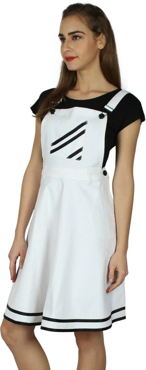 UR SENSE Women White Striped Pure Cotton Dungaree