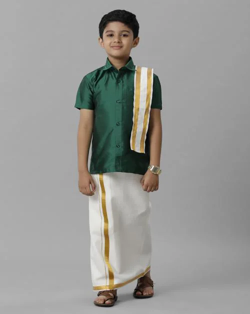 Ramraj Cotton Boys Green Shirt and Cream Dhoti With Towel