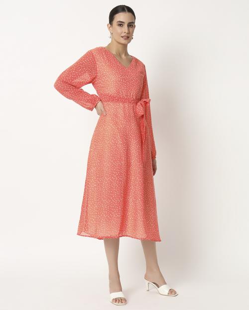 My Swag Women's Latest Peach Color Georgette Polka Dot Print Party wear A-line Dress