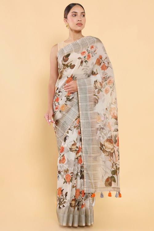 SOCH Women Beige Printed Single Saree (Free Size)