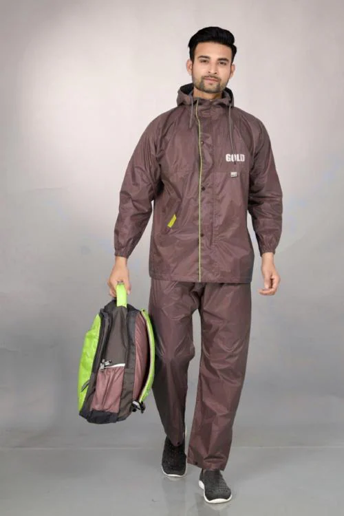 GOLD raincoat for men BROWN Men Waterproof Raincoat with Pants Polyester Reversible Double Layer Rain Coat For Men Bike Rain Suit Rain Jacket Suit Inner Mobile Pocket with Storage Bag