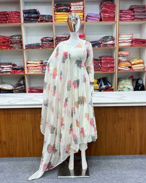 GOLAVIYA White Color Pure Soft Light Plus Flair Frock Style Kurti Georgette Party Gowns Printed White Dress With Dupatta For Women,Classic,Anarkali Princess Cut,Angrakha,A-Line For Party Wedding Festival Functions