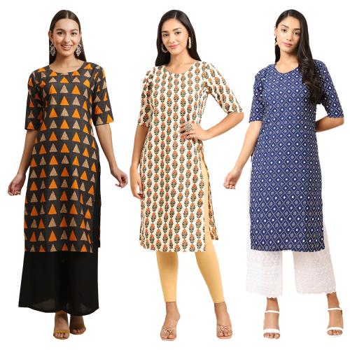 Ethnic Basket Women's Crepe Digital Print Straight Kurta [pack of 3]{OV-387-352-353-L}