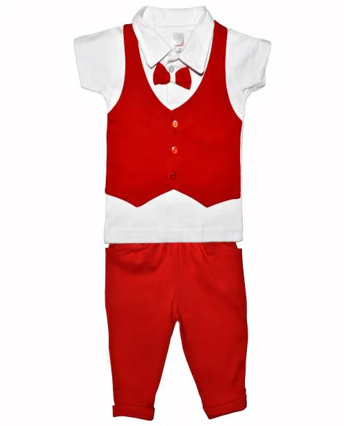 Happykid Cotton T Shirt with Pants Dress for Newborn Baby Boys, Half Sleeves, Round Neck With Bow (Red, 0-3 Months)