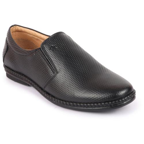 FAUSTO Men Black Textured Formal/Office Broad Toe Leather Slip On Shoes