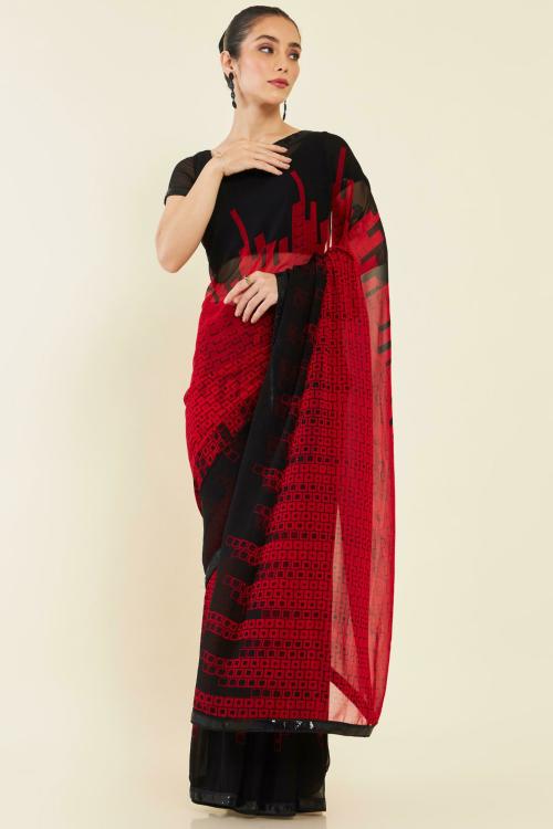 SOCH Women Red Printed Single Saree (Free Size)