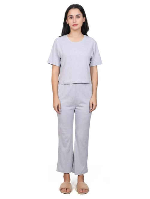 Evolove Women Grey Melange Cotton night dress combo set Ribbed Half Sleeves Round Neck Track Suit Set (M)