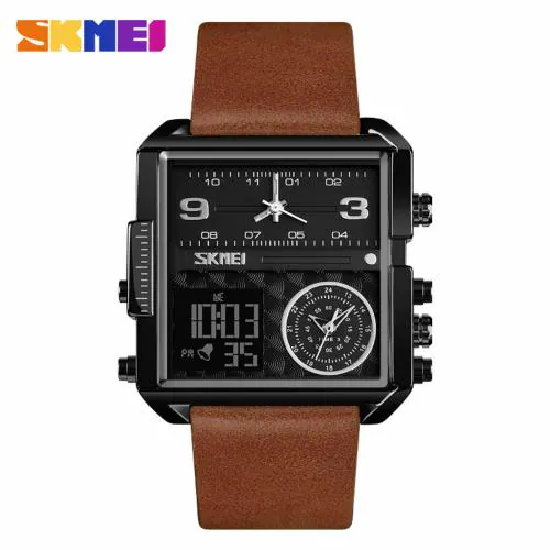 SKMEI Men's Square Watch, LED Backlight Large Screen Multi-Time Zone Men's Watch, Waterproof Analog Men's Digital Sports Watch- 1584