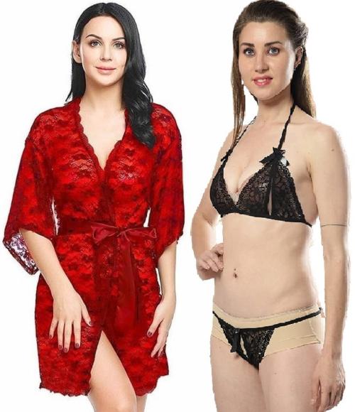 Lc red robe Lc black bikini 02 Wte Women Robe And Lingerie Set Red, Black
