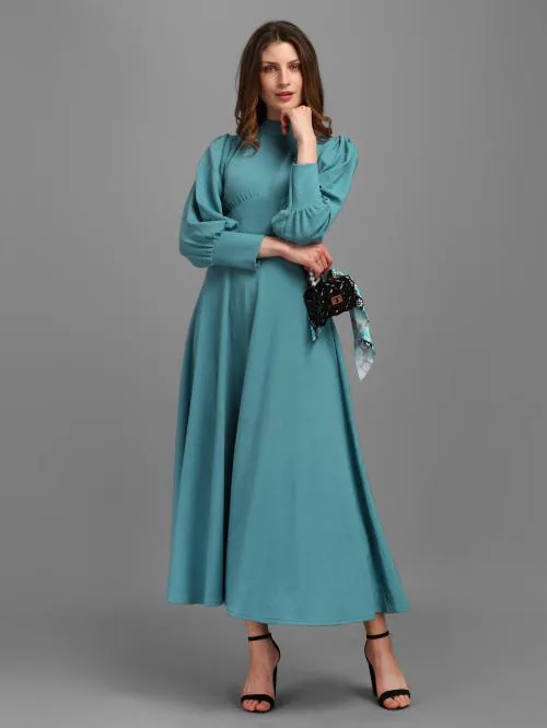 Purvaja Women Turquoise Blue Color Empire Waist Western Dress