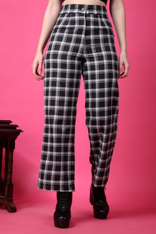 Popwings Women Black White Checkered Formal Trouser | Straight Fit Trouser | Button Trouser Women | High Rise Trouser
