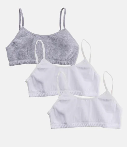 Adira | Padded Bra For Beginners | Teen Bras With Flat Padding For Coverage | Gives Confidence At School | Beginners Bra With Comfortable Strecthy Cotton | Pack Of 3 | White, White & Grey | L