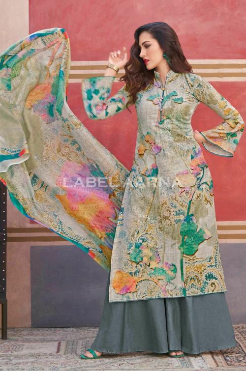 Label Aarna Warm Grey Cotton Linen Premium Salwar Suit Set with Multicolour Digital Print [Unstitched]