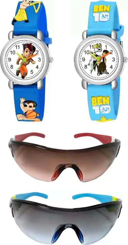 Blutech Blue, White Watches With Uv Protection Sports Sunglasses For Boys (Combo Of 4)
