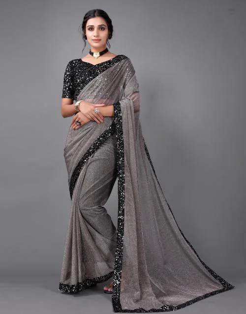 Siril Women Lycra Shimmer Grey Dyed & Sequence Embroidery Work In Lace Saree | sarees for Women| saree | sarees