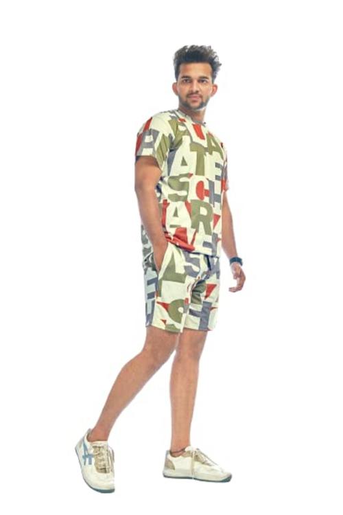 EIRLYS EMPIRE Men's Soft Poly Lycra Digital Printed T-Shirts with Shorts Night Suit Set Multicolour L