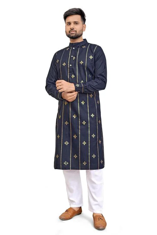 Zarkle Men Blue Foil Print Pure Cotton Kurta Pajama Set (L)