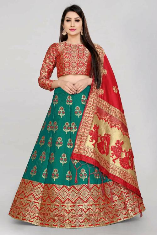 Fabcartz Women Green Embroidered Jacquard Lehenga Choli