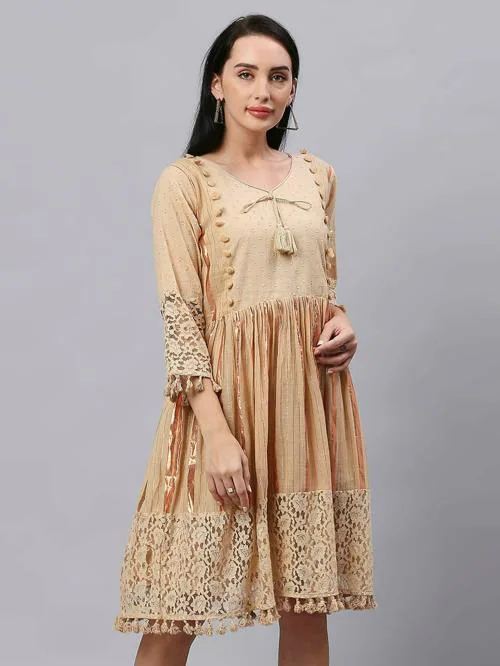 Aanyor Women Beige Self Design Pure Cotton Pleated Dress (L)
