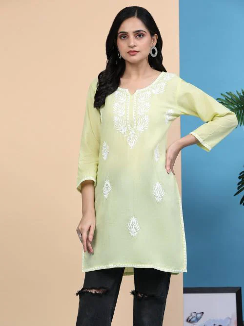 Kalavrund Creation Lucknowi Short Chikankari Kurta for Women (Lime Green, 3XL)