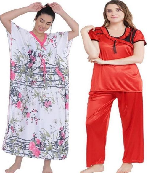BEAUTY CRAZE Women's Satin Floral Print Maxy Nighty And Satin Night Suit Combo (Pack Of 2)