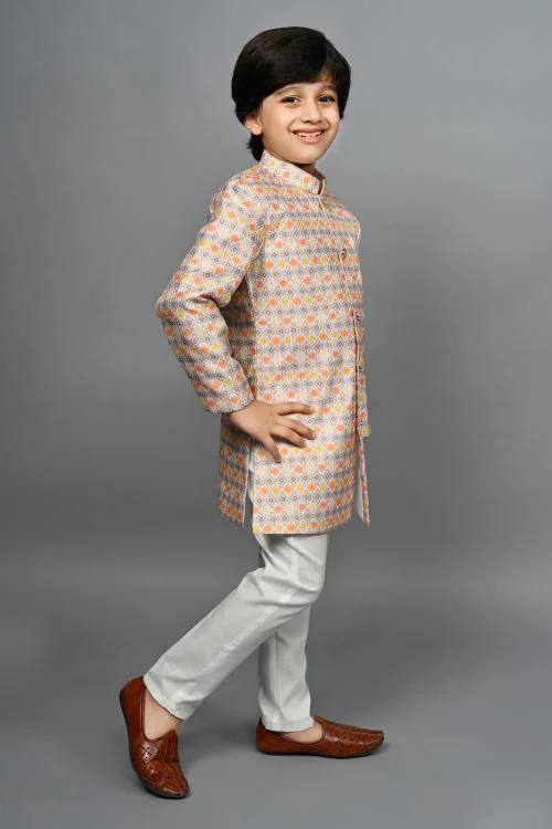 Ahhaaaa Kids Ethnic Silk Blend Indo-Western Sherwani Set For Boys