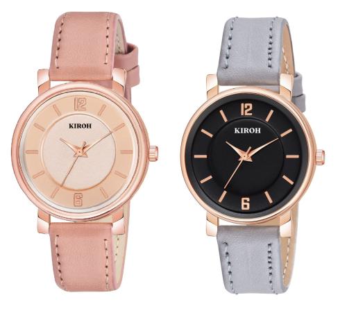 KIROH Peach &Grey 6 to 12 Antique Dial Analogue Stylish Leather Strap Analoge Girls And Woman Combo Watches(Pack of-2,Peach-Grey)