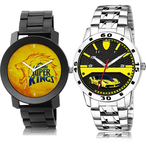 TIMENTER Modish Diwali Chennai Super Kings Squad (Csk) Ipl Chain And Silver Chain Black And Silver Colour Analog Metal And Stainless Steel Belt 2 Watch Combo For Boys And Men - IPL11-(31-S-19)