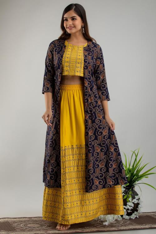 top with skirt and ethnic jacket