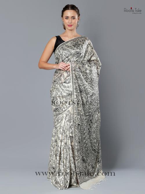 Roots Tale MADHUBANI FULL WORK MOONGA SILK SAREE