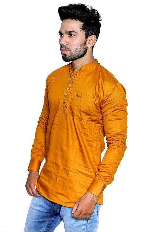 REBANTA Mens Short Kurta Pure Cotton (Golden Yellow, 5XL)