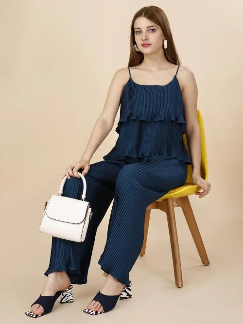 Shree Sheetal Fashion & Art Women's Georgette Crushed Top With Palazzo Set (Teal)